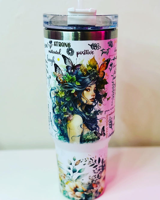 40oz Stainless Steel Tumbler Floral Butterfly Affirmation