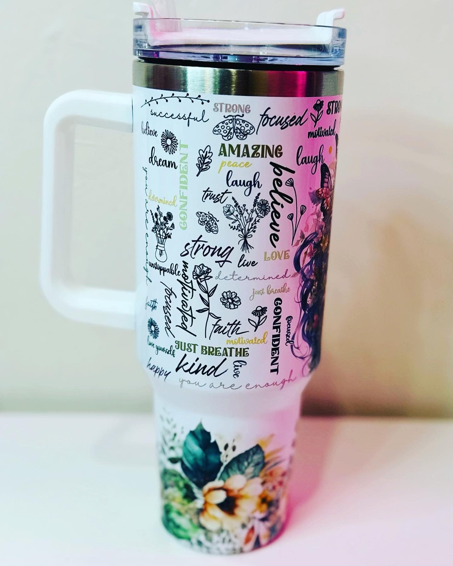 40oz Stainless Steel Tumbler Floral Butterfly Affirmation