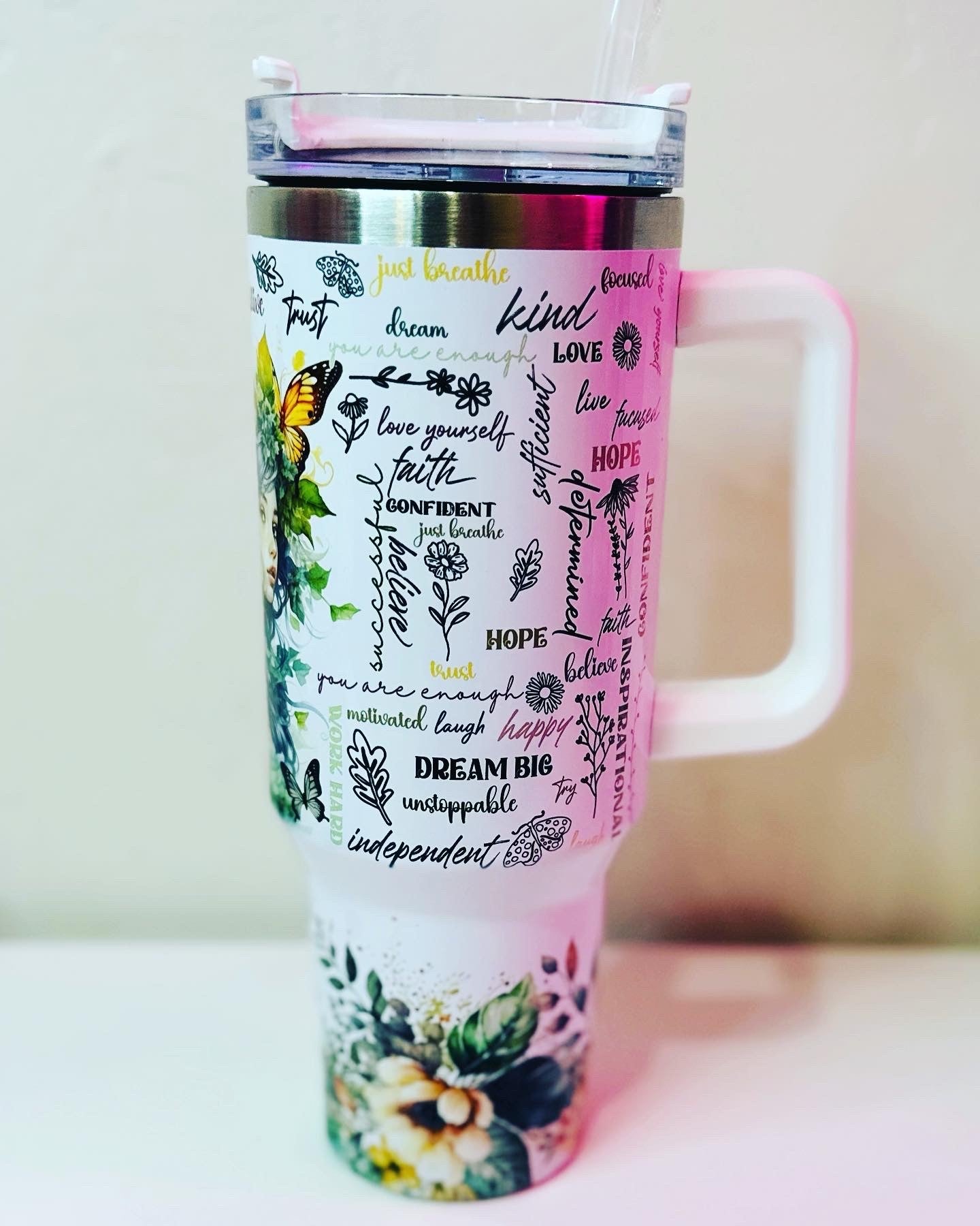 40oz Stainless Steel Tumbler Floral Butterfly Affirmation